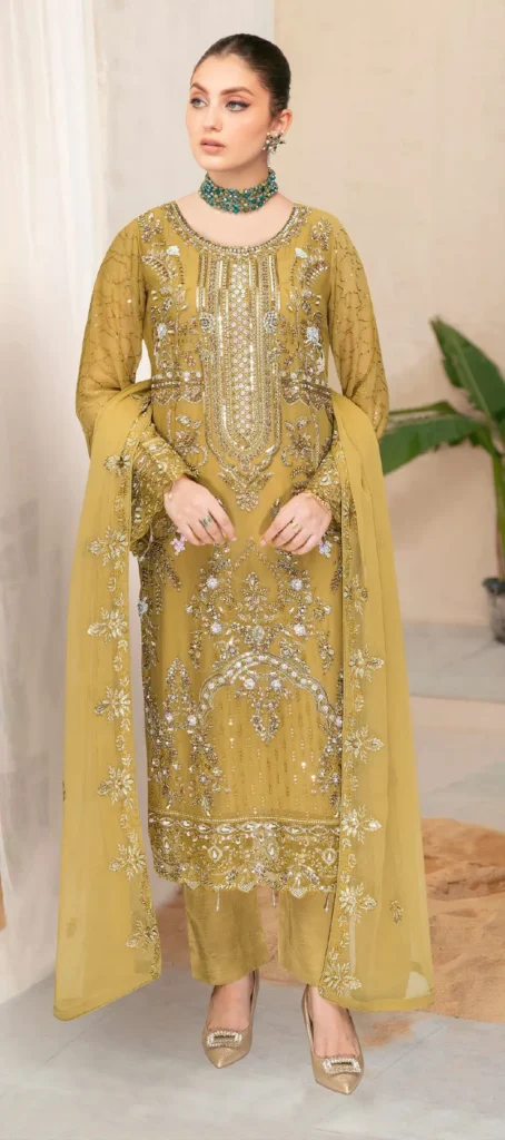 Ramsha WA-540 – Mustard Yellow Embroidered Chiffon Suit