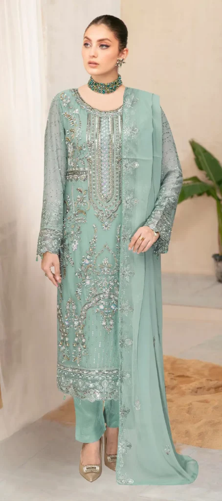 Ramsha WC-540 – Mint Green Embroidered Chiffon Suit