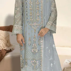 Ramsha WF-497 | Pastel Blue Embroidered Chiffon Dress – Wedding & Party Wear