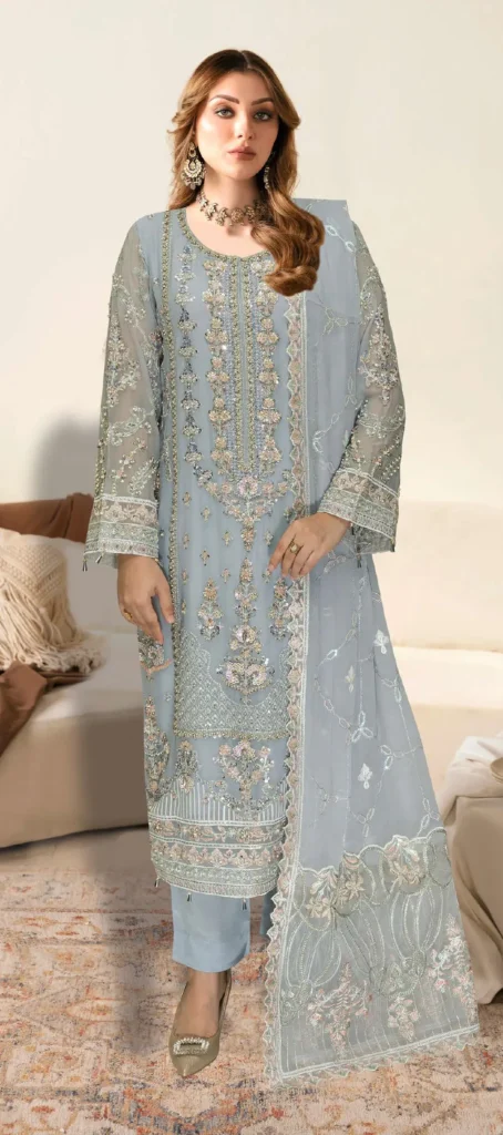 Ramsha WF-497 | Pastel Blue Embroidered Chiffon Dress – Wedding & Party Wear
