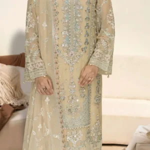 Ramsha WC-497 | Beige Chiffon Embroidered Dress – Formal & Festive Wear