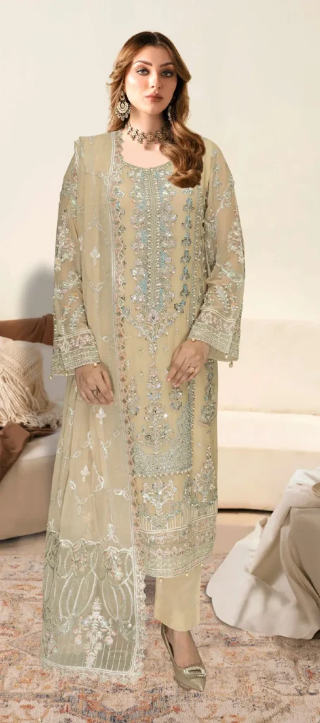 Ramsha WC-497 | Beige Chiffon Embroidered Dress – Formal & Festive Wear