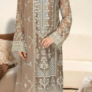 Ramsha WE-497 | Mocha Brown Embroidered Chiffon Dress – Luxury Formal Wear
