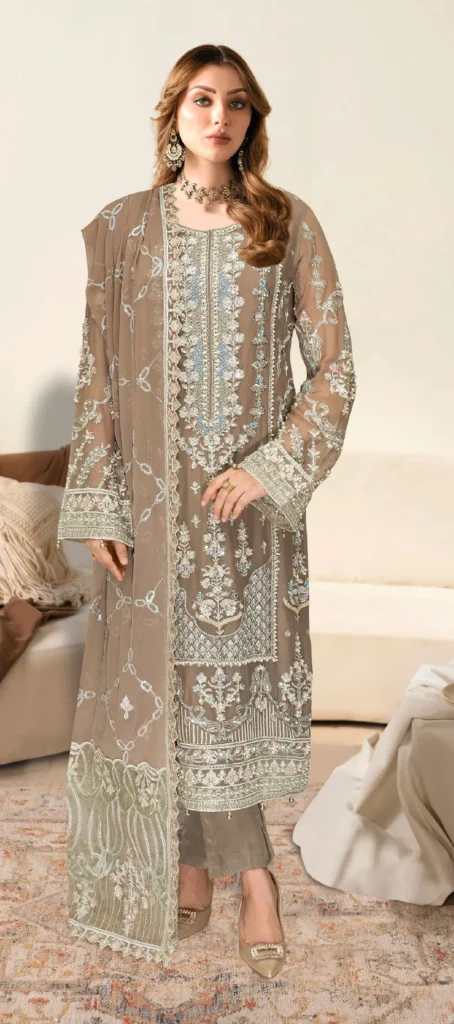 Ramsha WE-497 | Mocha Brown Embroidered Chiffon Dress – Luxury Formal Wear