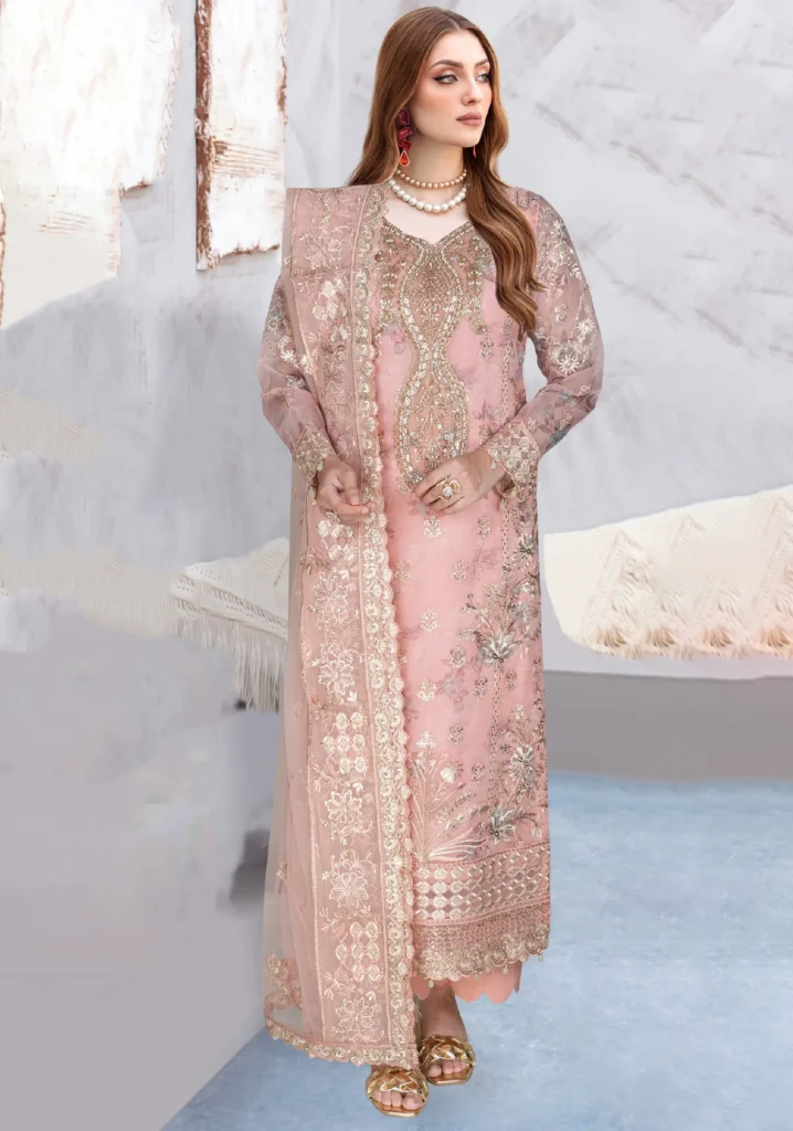 Ramsha Embroidered Chiffon Suit – WI-398 (Peach Pink)
