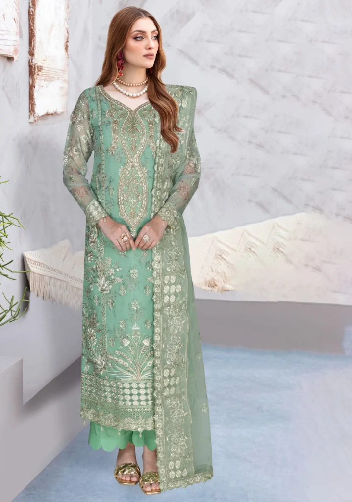 Ramsha WJ-398 – Green Embroidered Chiffon Suit