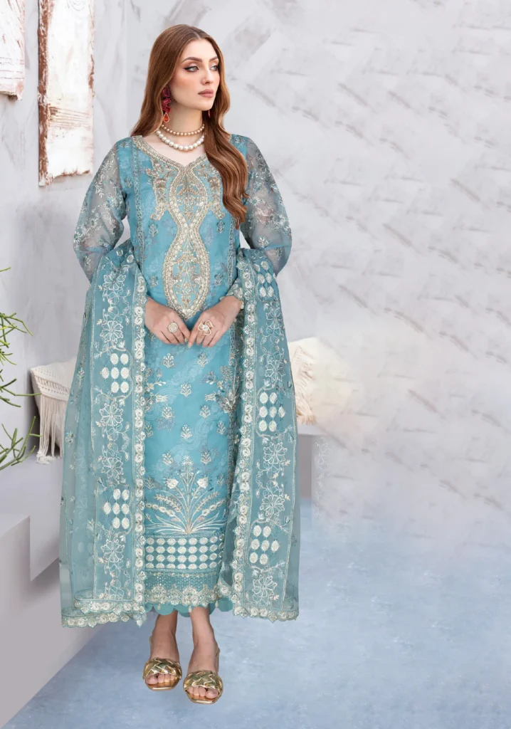 Ramsha WH-398 – Blue Embroidered Chiffon Suit
