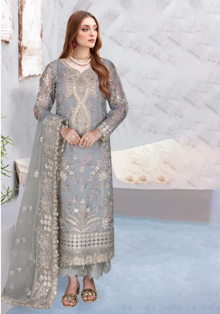 Ramsha WL-398 – Grey Embroidered Chiffon Suit