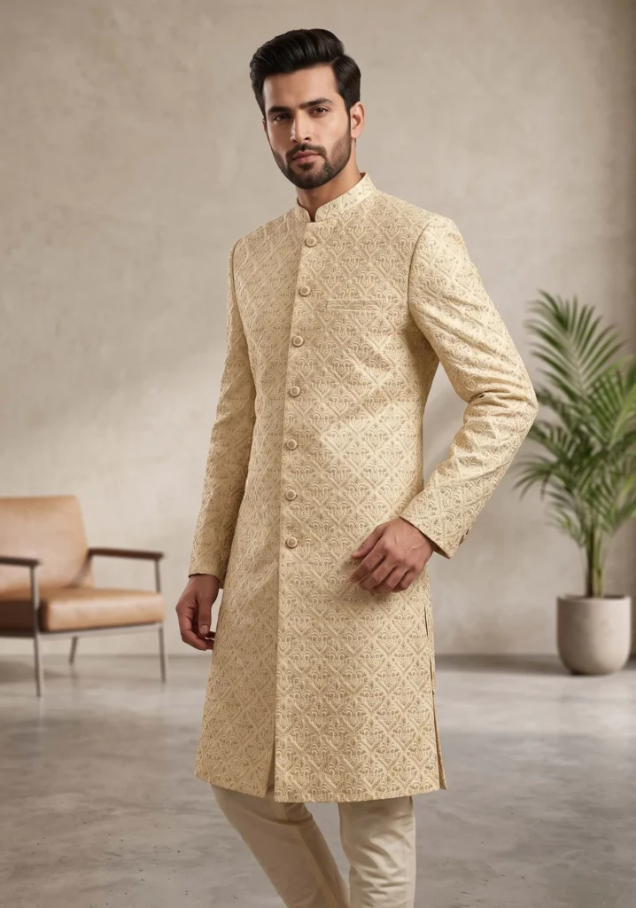 Cream Textured Sherwani