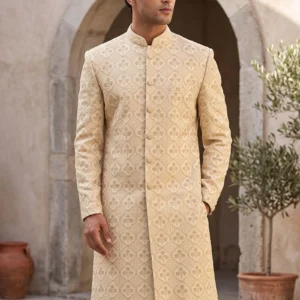 White Sherwani with Golden Embroidery