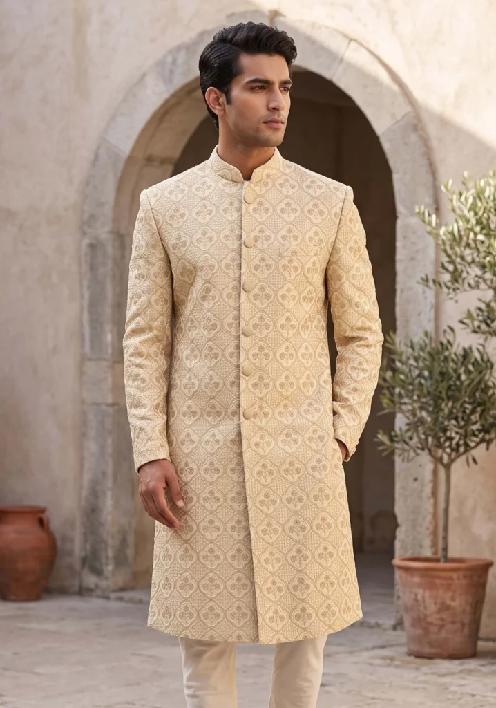 White Sherwani with Golden Embroidery
