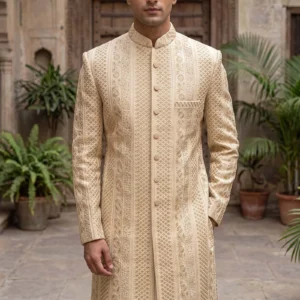 Ivory & Golden Hand-Embroidered Sherwani