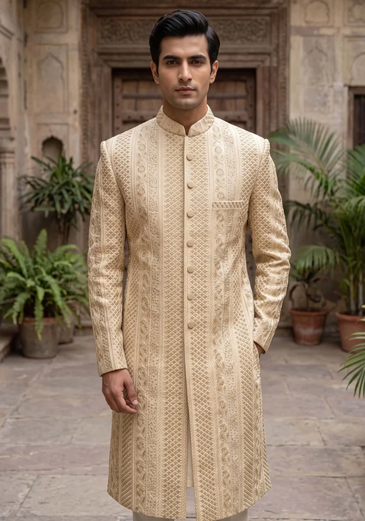 Ivory & Golden Hand-Embroidered Sherwani