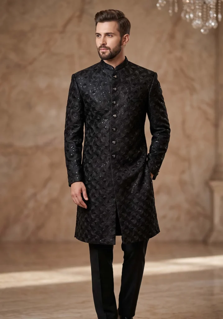 Black Royal Pattern Sherwani