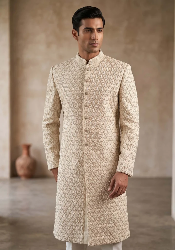 White Pearl Work Sherwani