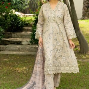 Luxury Beige Floral Embroidered Lawn Suit – 3-Piece Set by Soni Dresses