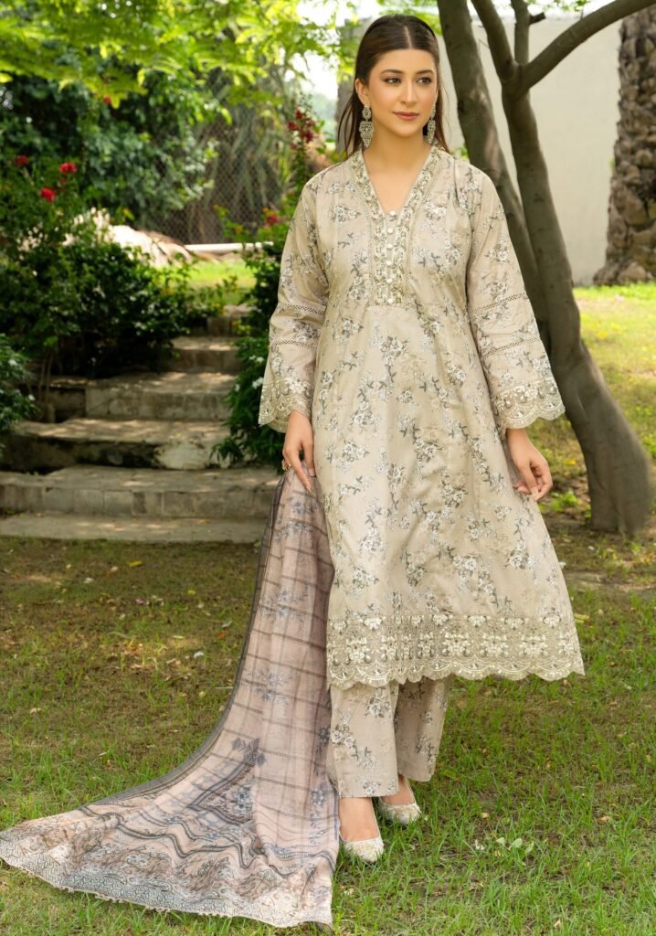 Luxury Beige Floral Embroidered Lawn Suit – 3-Piece Set by Soni Dresses