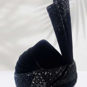 Black Velvet Groom Turban with Sequin Embroidery & Bead Chain