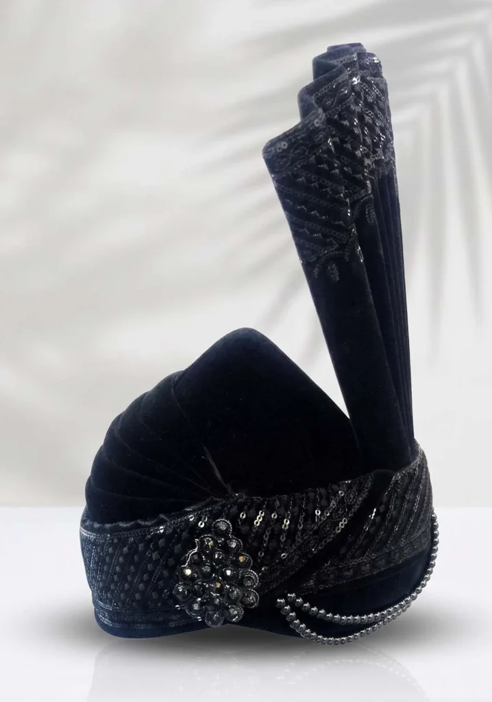 Black Velvet Groom Turban with Sequin Embroidery & Bead Chain