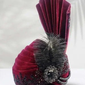 Maroon Velvet Turban with Black Feather & Stone Brooch
