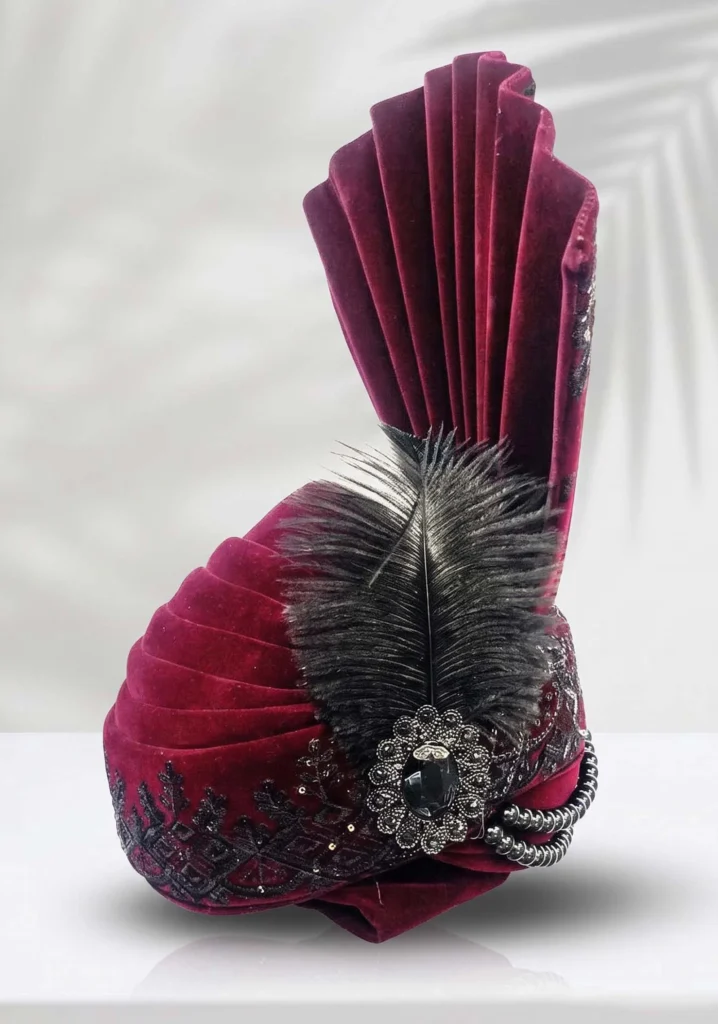 Maroon Velvet Turban with Black Feather & Stone Brooch