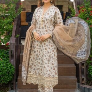 Elegant Beige Floral Embroidered Lawn Suit