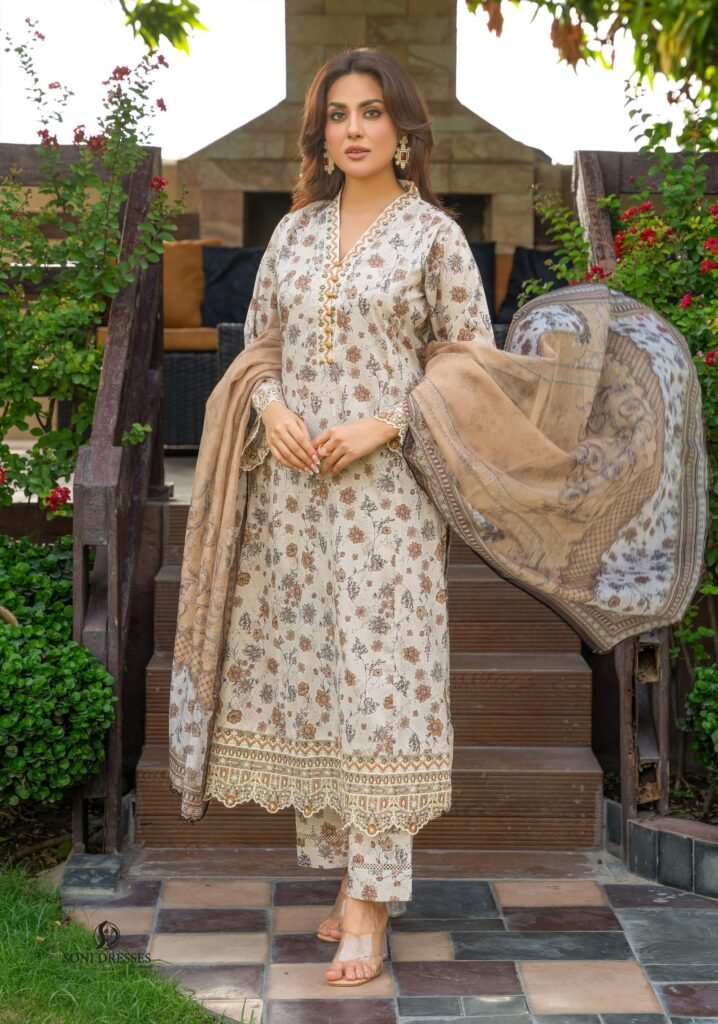 Elegant Beige Floral Embroidered Lawn Suit