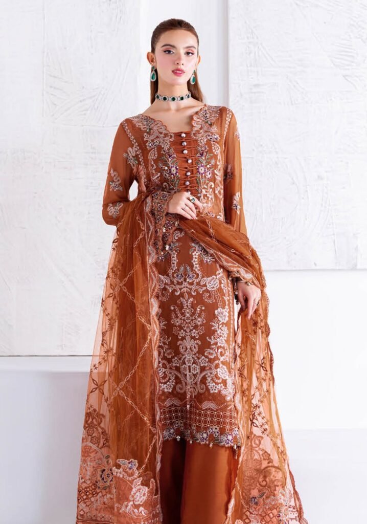 Embroidered Luxury Net Ensemble – Rust Elegance