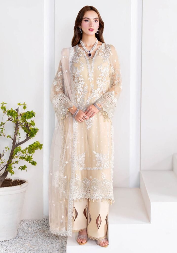 Ivory Elegance – Luxury Embroidered Net Dress (3-Piece Unstitched)