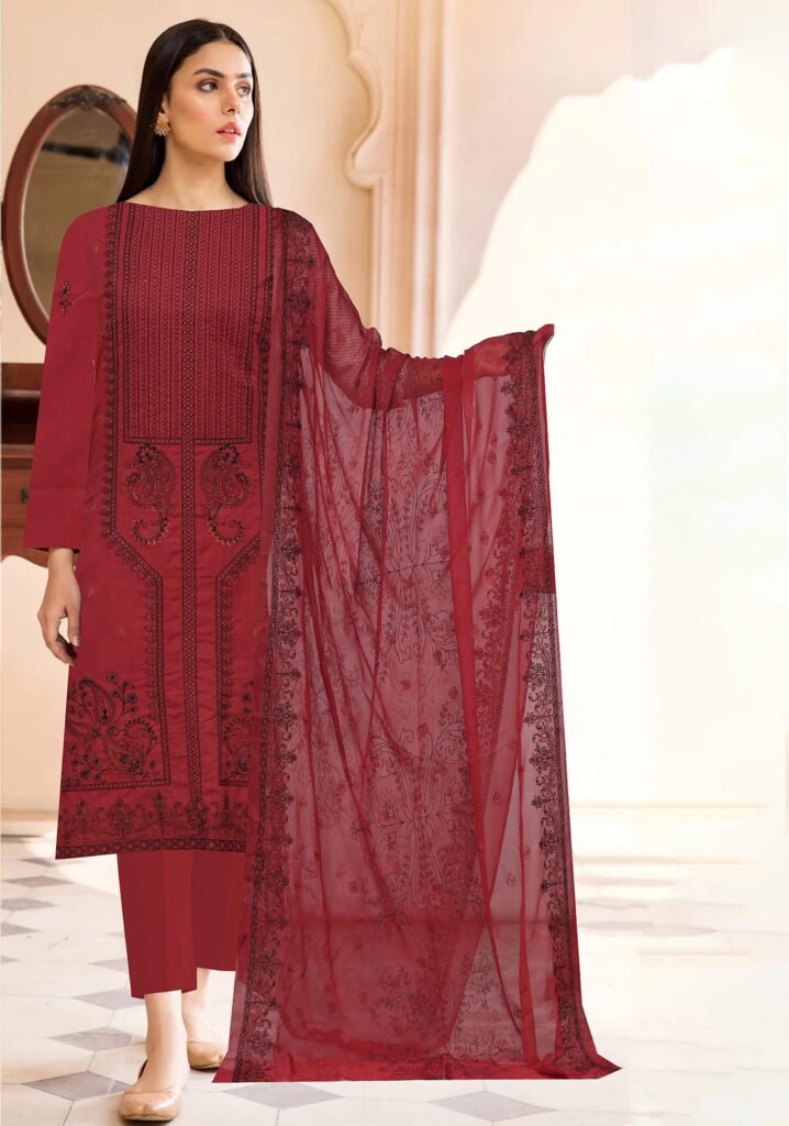 Maroon Embroidered Lawn 3-Piece Suit