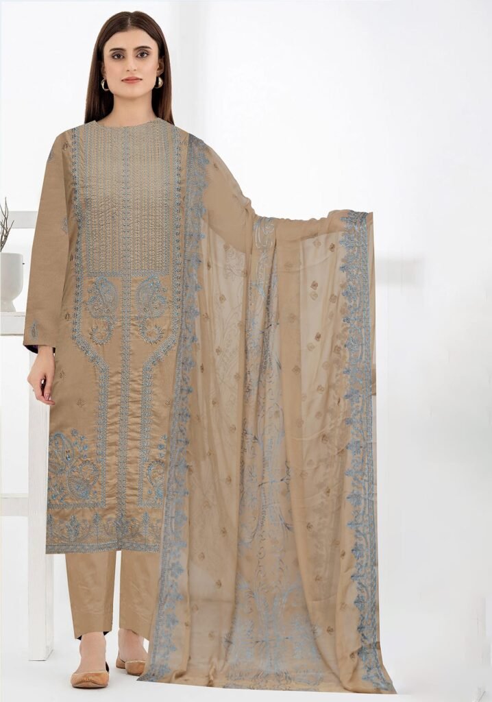 Beige & Gold Embroidered Lawn 3-Piece Suit