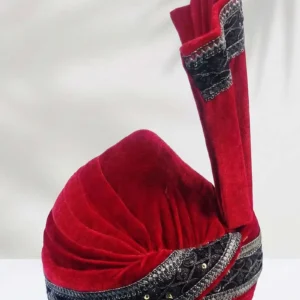 Red Velvet Groom Turban with Black Embroidered Border