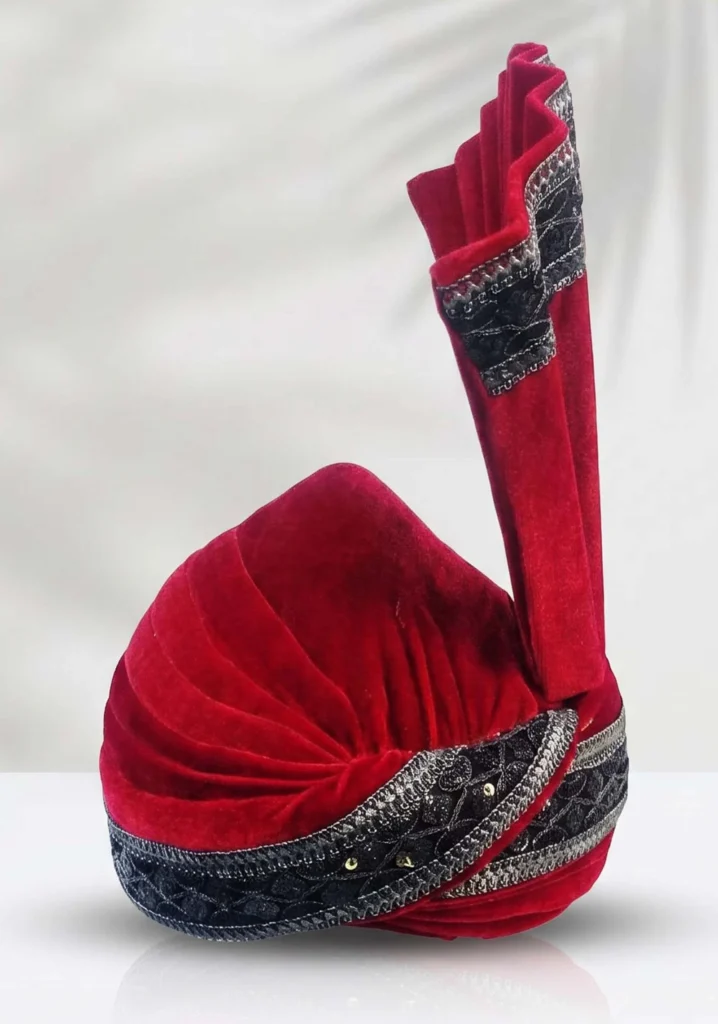 Red Velvet Groom Turban with Black Embroidered Border