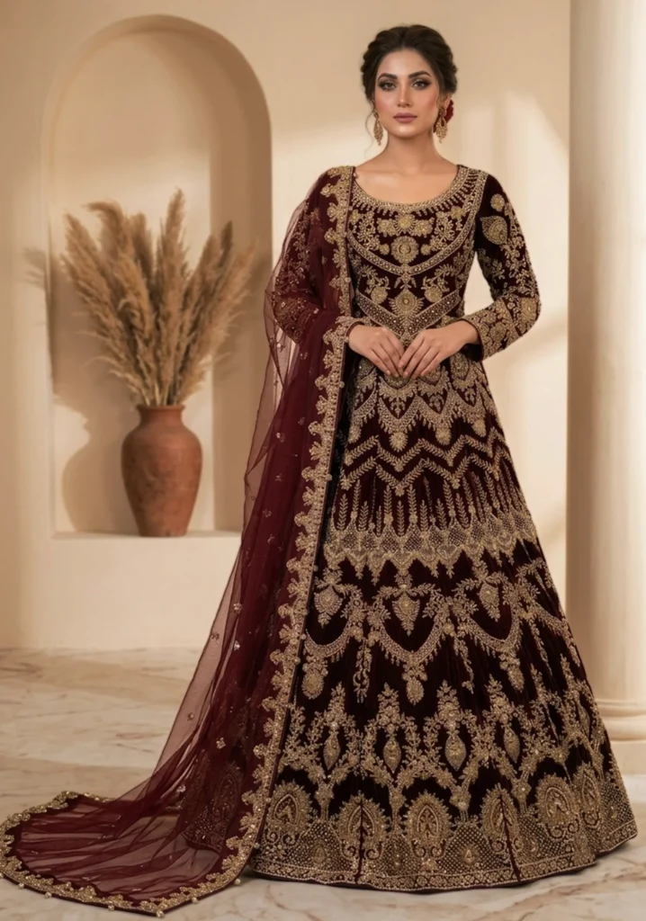 Royal Maroon Velvet Bridal Gown – Hand Embellished Zari & Dabka Work
