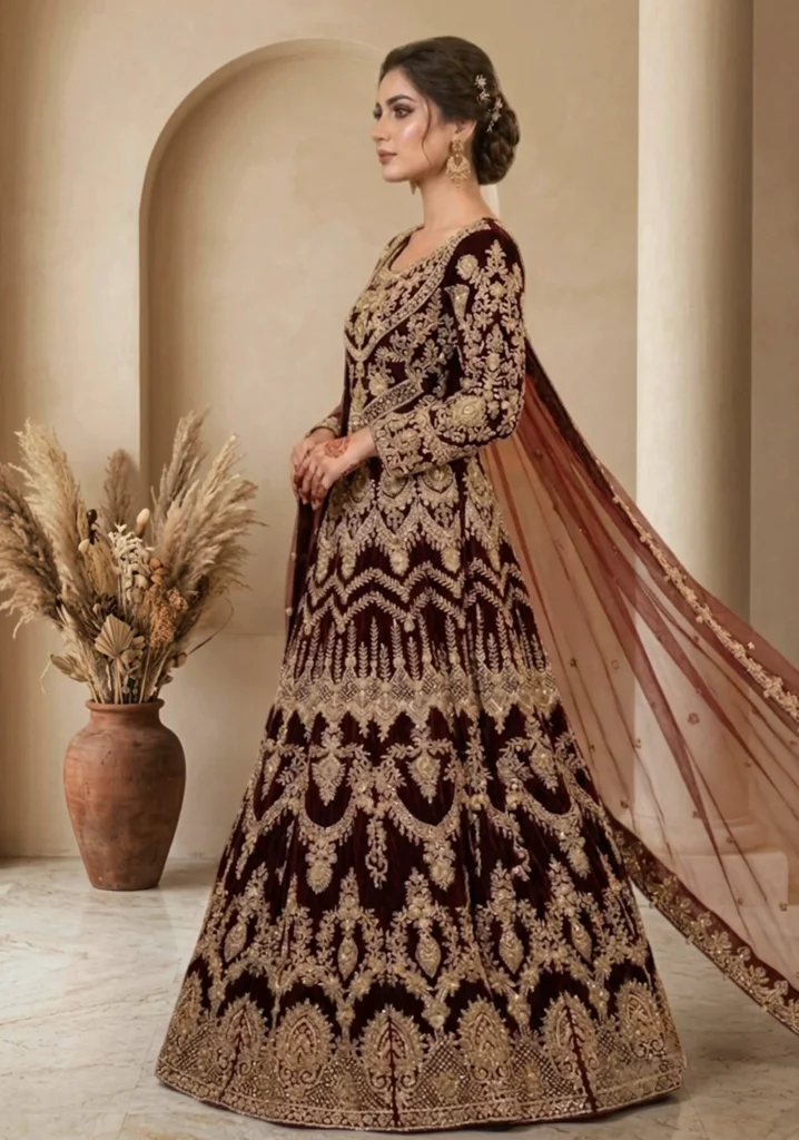 Royal Maroon Velvet Bridal Gown – Hand Embellished Zari & Dabka Work