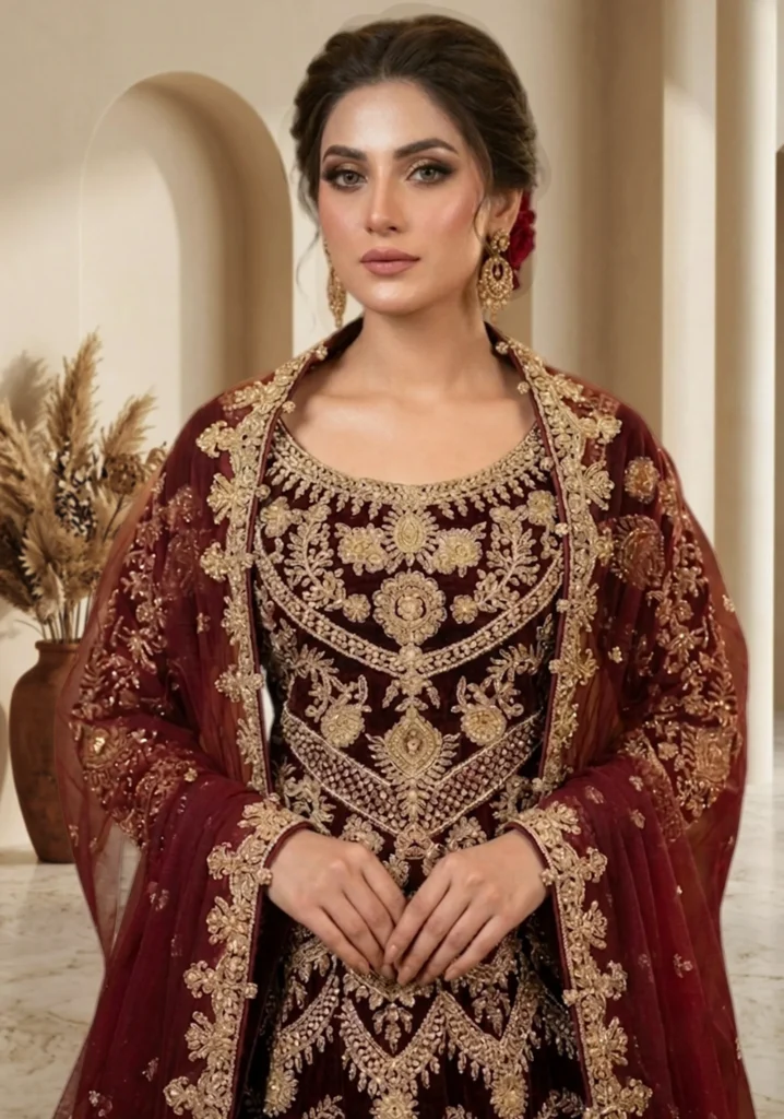Royal Maroon Velvet Bridal Gown – Hand Embellished Zari & Dabka Work