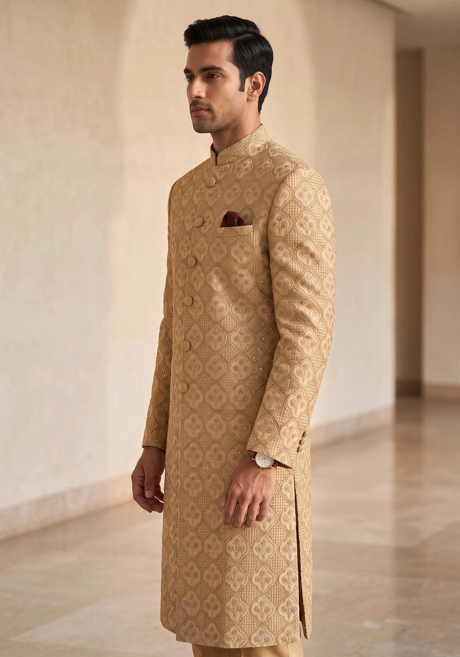 Majestic Golden Beige Sherwani - Image 3