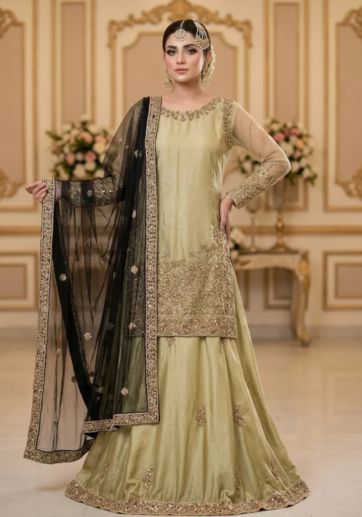 Golden Embroidered Gharara with Black Dupatta