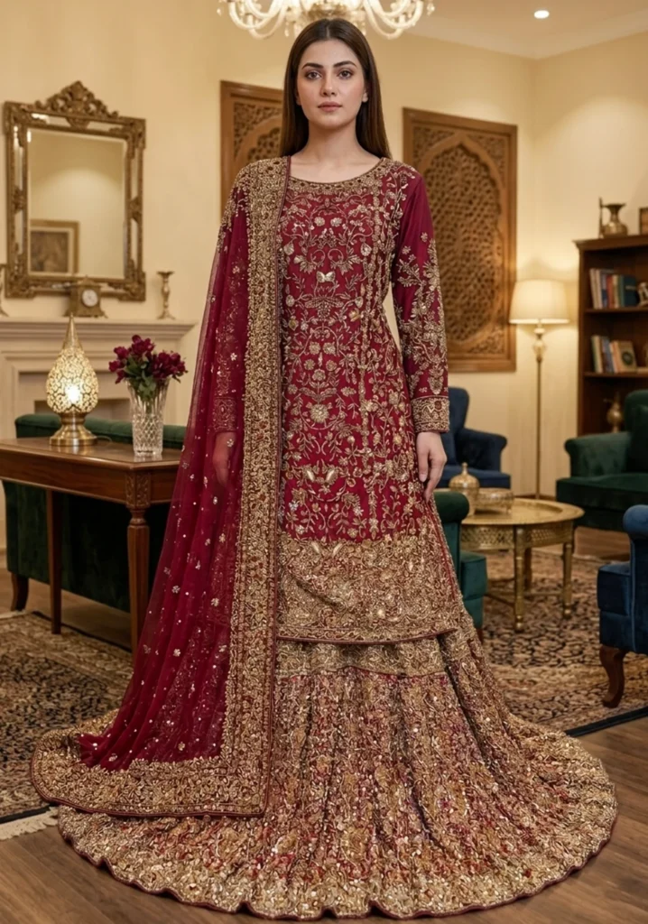 Designer Golden Embroidered Gharara Set with Dupatta