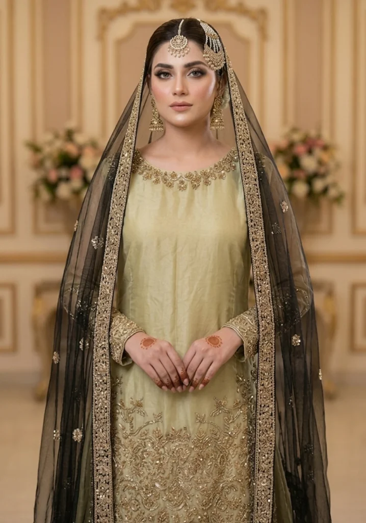 Golden Embroidered Gharara with Black Dupatta
