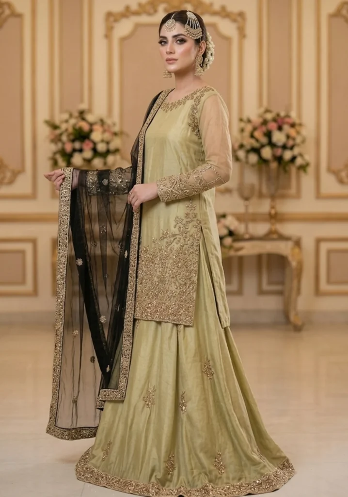 Golden Embroidered Gharara with Black Dupatta