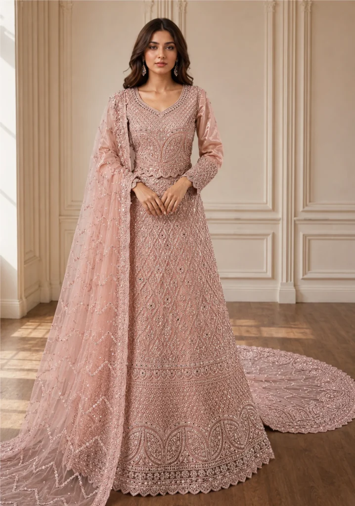 Blush Pink Hand-Embroidered Bridal Lehenga