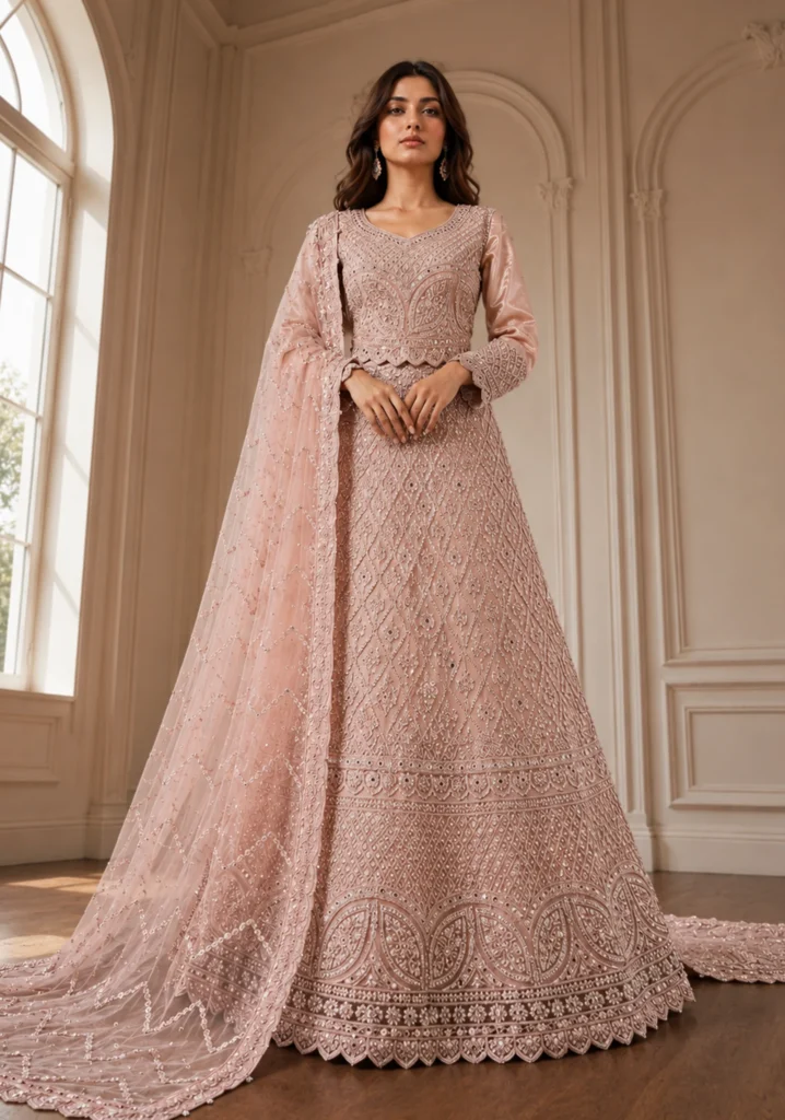 Blush Pink Hand-Embroidered Bridal Lehenga