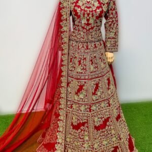 Luxury Bridal Red Lehenga Choli with Heavy Golden Embroidery & Net Dupatta