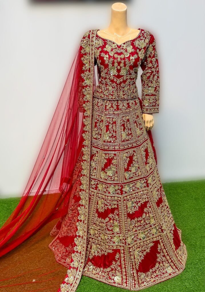 Luxury Bridal Red Lehenga Choli with Heavy Golden Embroidery & Net Dupatta