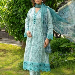Serene Aqua Blue Floral Embroidered Lawn Suit – 3 Piece Unstitched