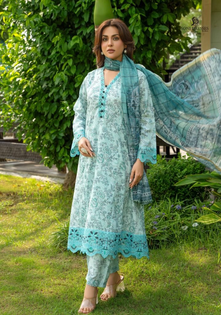 Serene Aqua Blue Floral Embroidered Lawn Suit – 3 Piece Unstitched