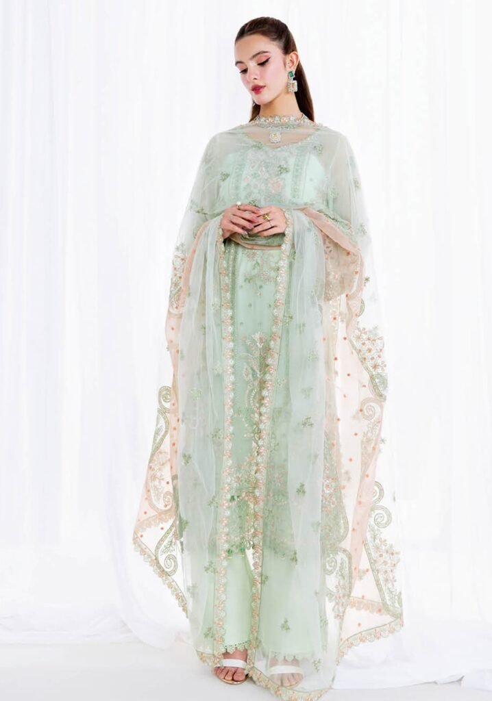 Pastel Mint Green Embroidered Organza Three-Piece Suit