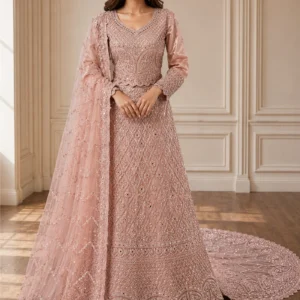 Inaya Blush Pink Net Bridal Lehenga with Hand-set Pearls