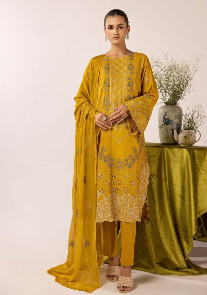 Signature Karandi Lawn Shirt with Bamber Dupatta – Smoky Grey & Rose Gold Embroidery